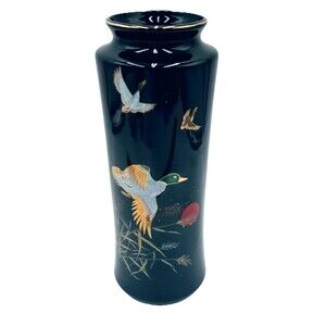 Vintage Black Vase w Metallic Gold Accents Colorful Flying Mallard Ducks / Sun